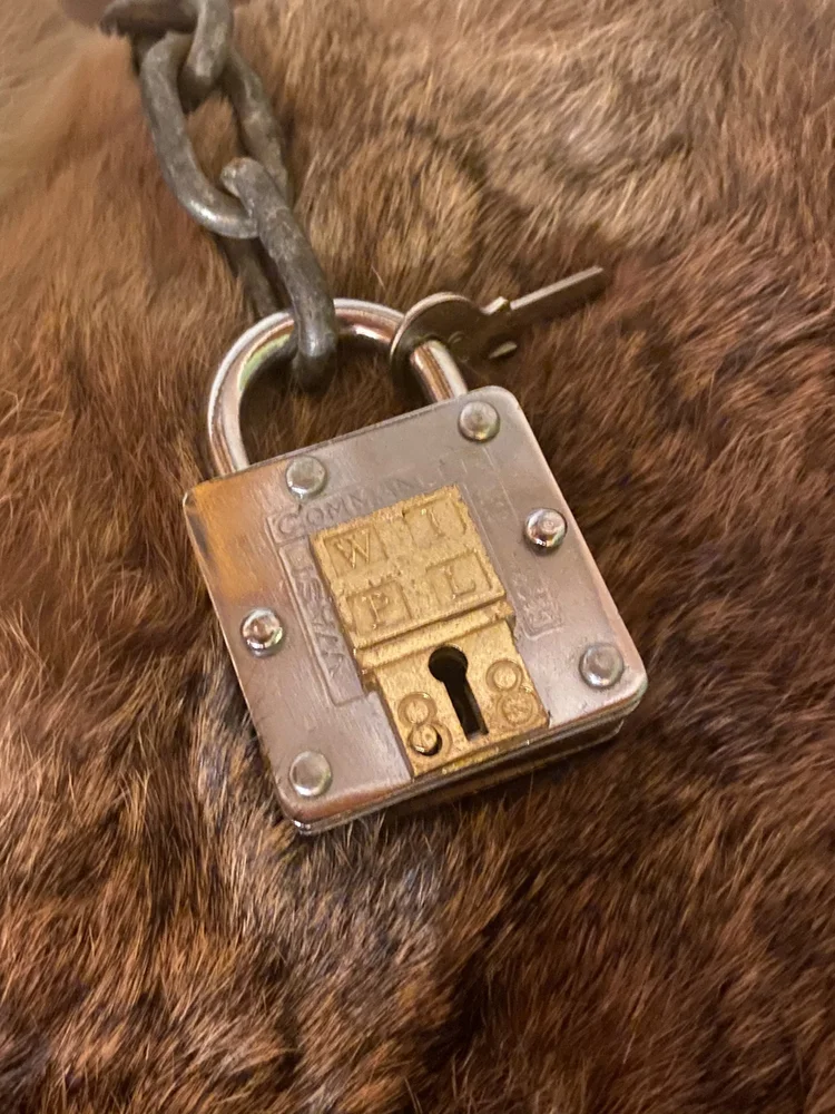 Vieux cadenas posé sur une fourrure
